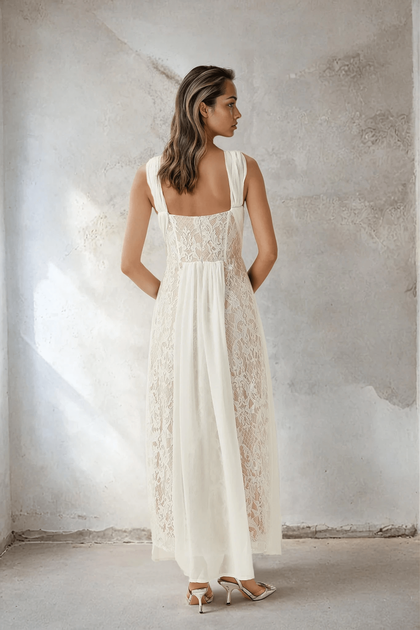 NTMY Maxi Dress Hoya Lace Pleated Bridal Maxi Dress in White