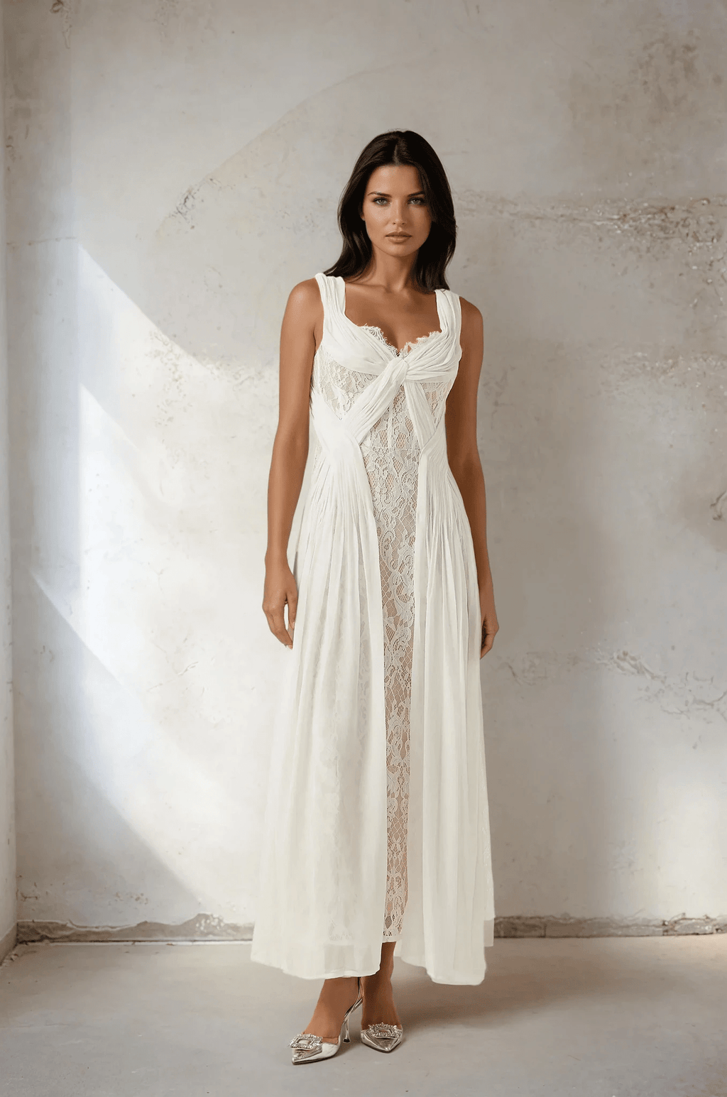 NTMY Maxi Dress Hoya Lace Pleated Bridal Maxi Dress in White