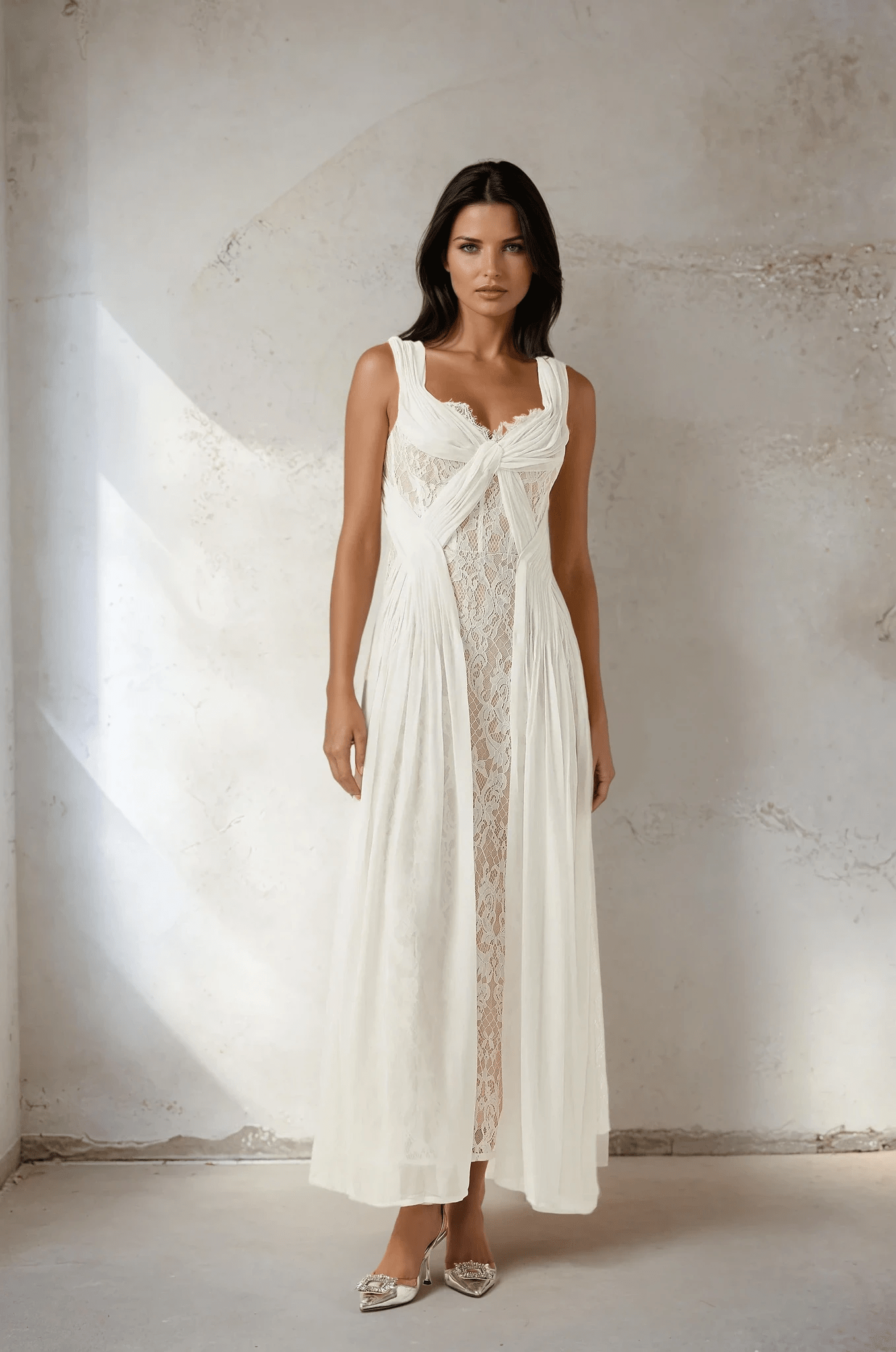 NTMY Maxi Dress Hoya Lace Pleated Bridal Maxi Dress in White