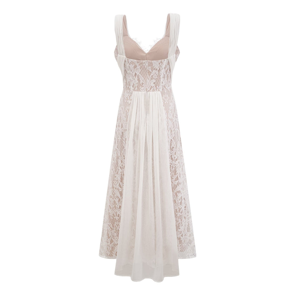 NTMY Maxi Dress Hoya Lace Pleated Bridal Maxi Dress in White