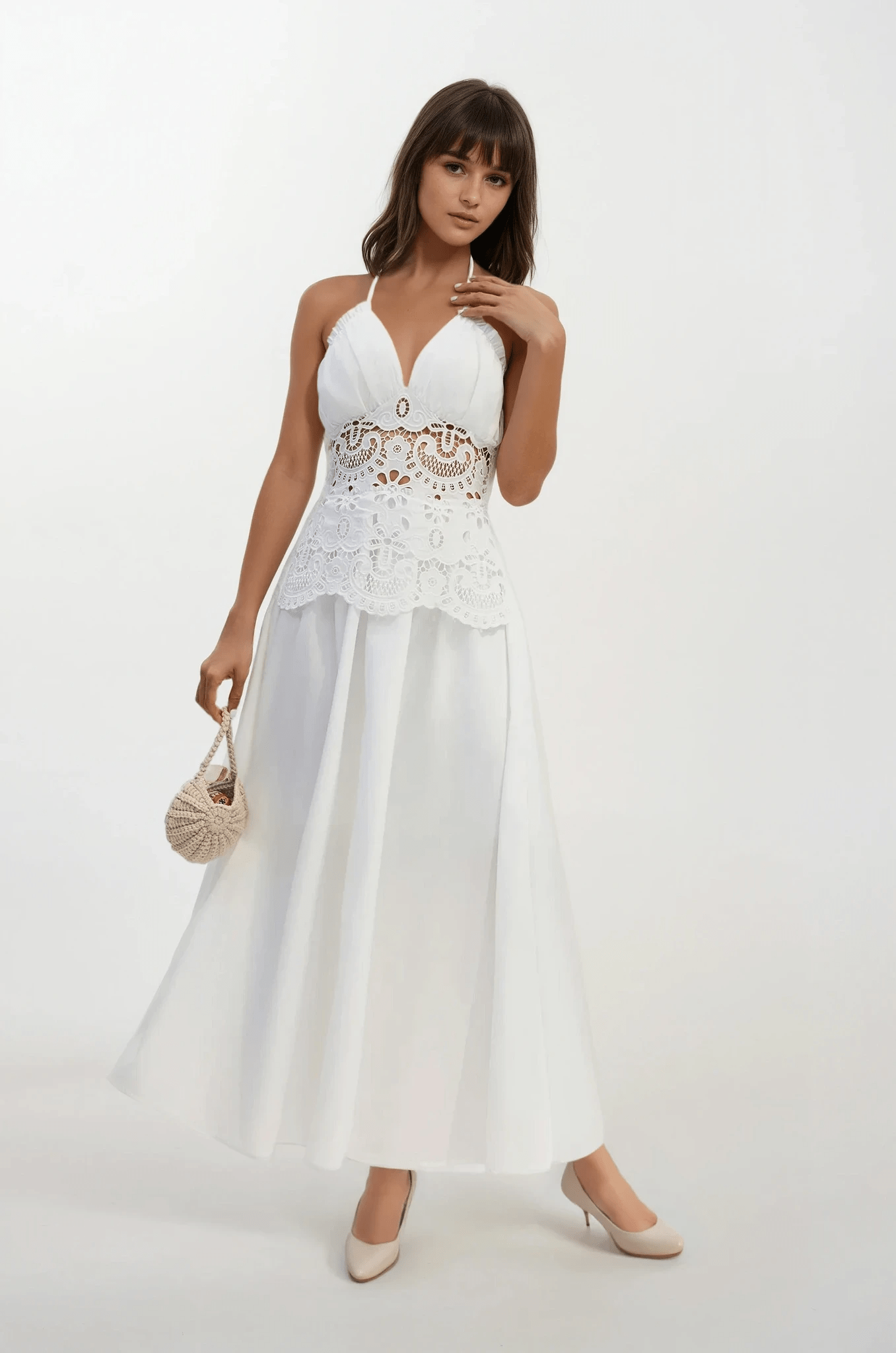 NTMY Maxi Dress Lily Cut-Out Floral-Embroidered Shirred Maxi Dress in White