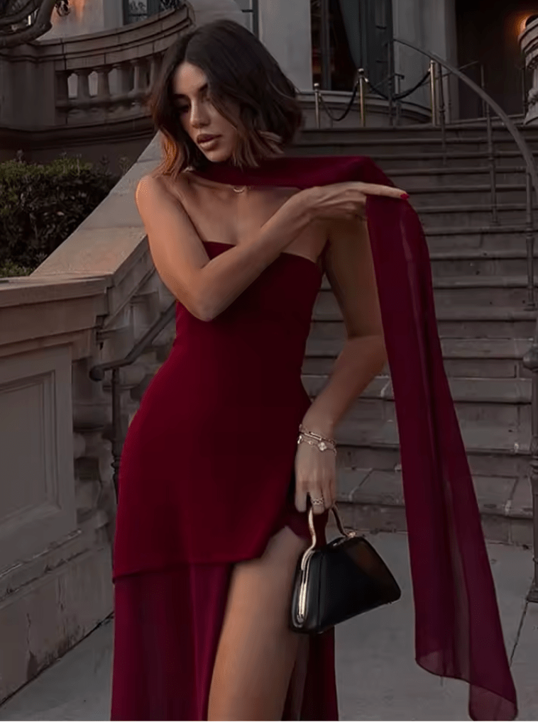 NTMY Maxi Dress Red / S Aconitum Strapless Maxi Dress with Scarf