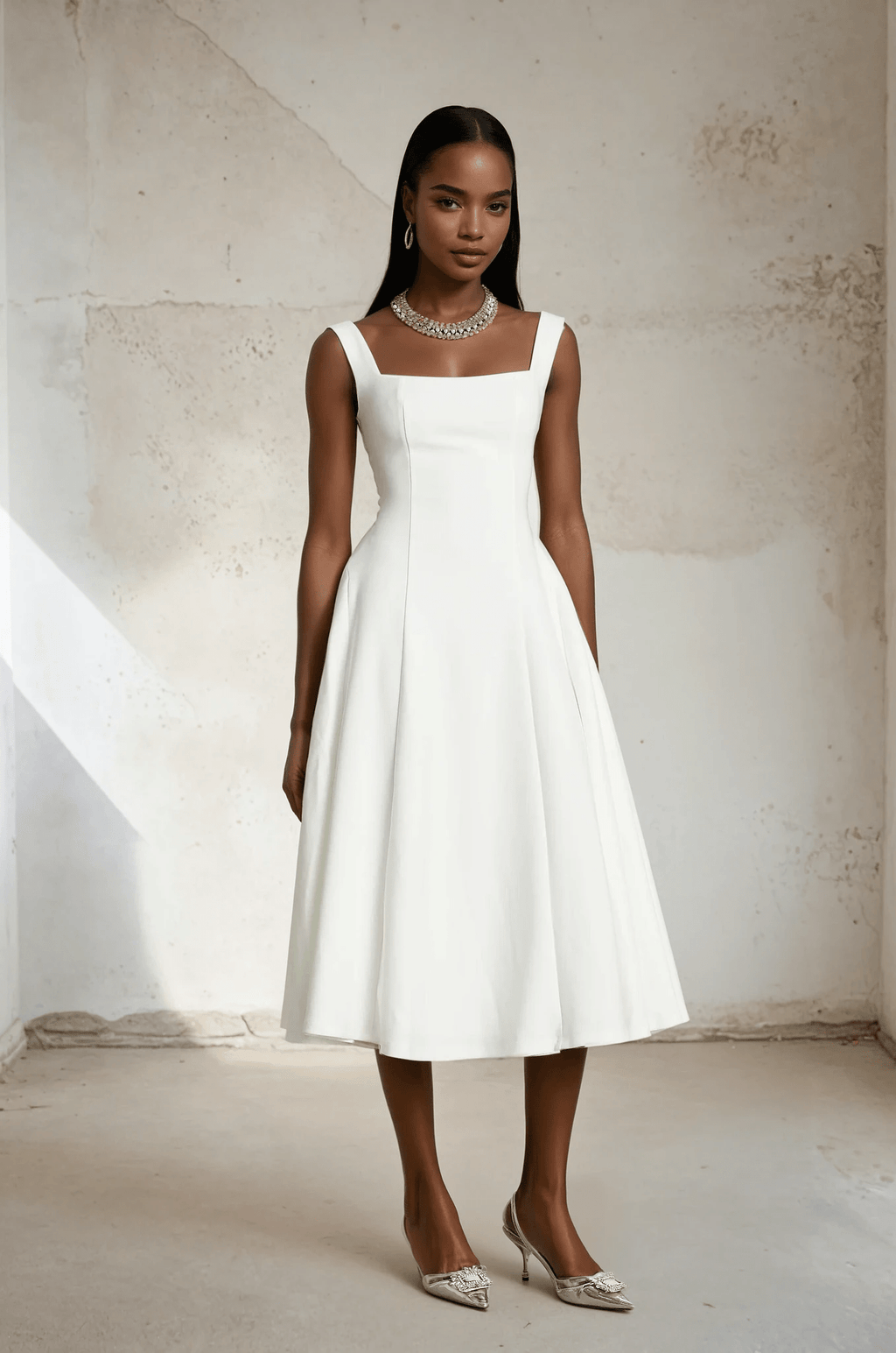 NTMY Midi Dress Gloriosa white pleated flared midi dress in white