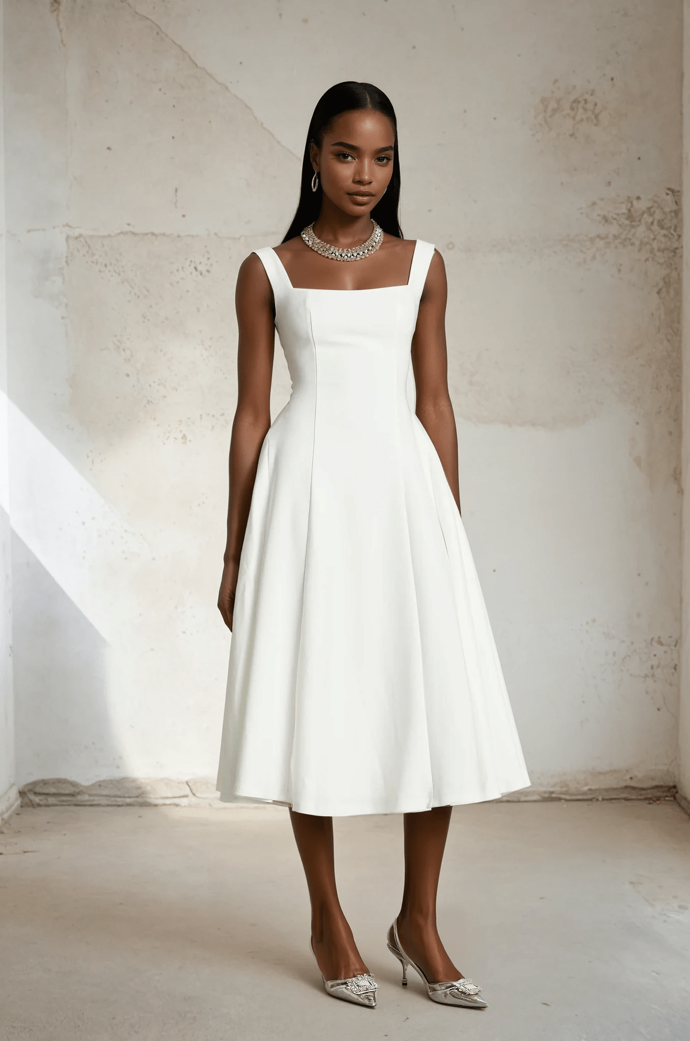 NTMY Midi Dress Gloriosa white pleated flared midi dress in white