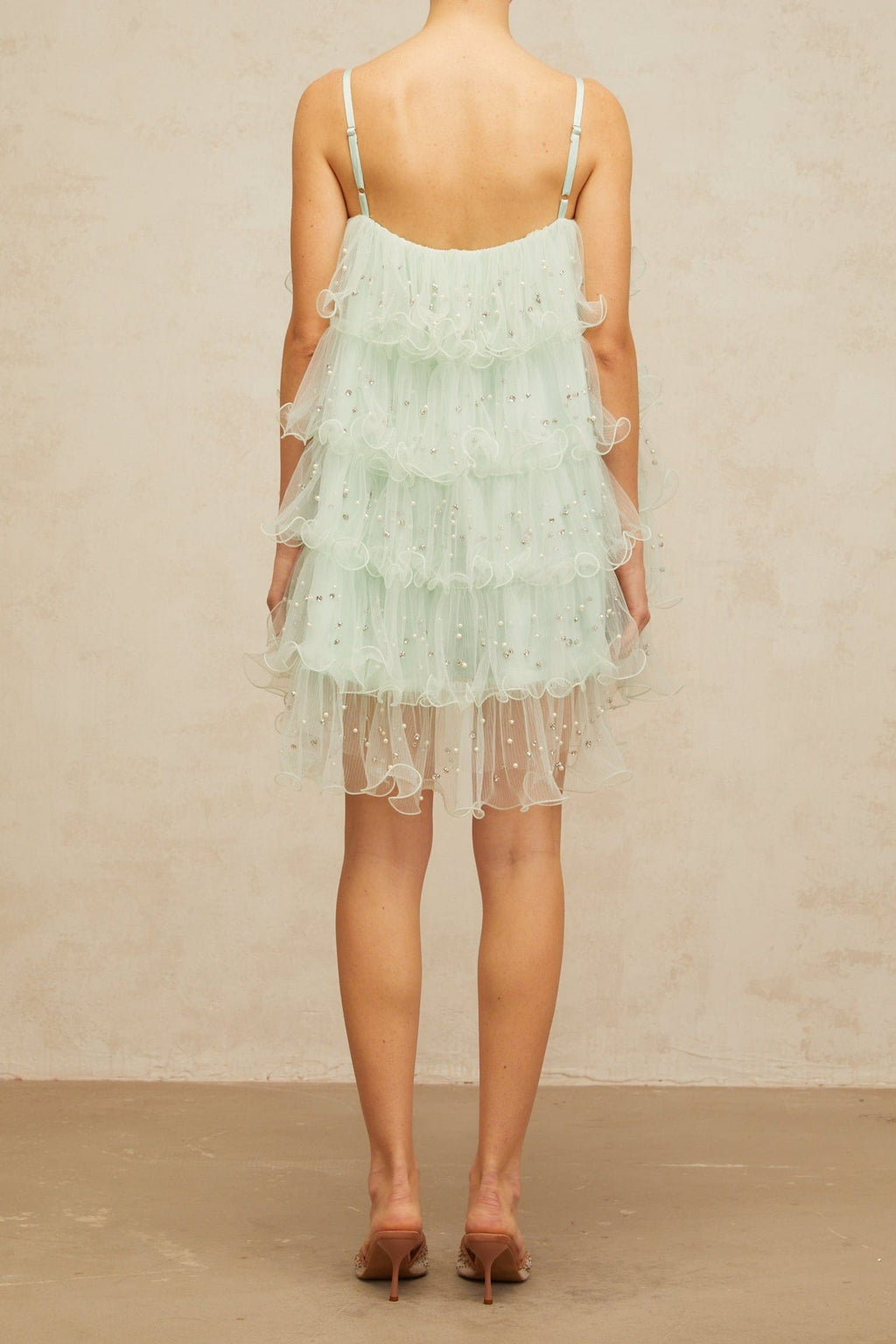 NTMY Mini Dress Bouvardia Diamond Embellished Mesh Tulle Prom Dress in Mint