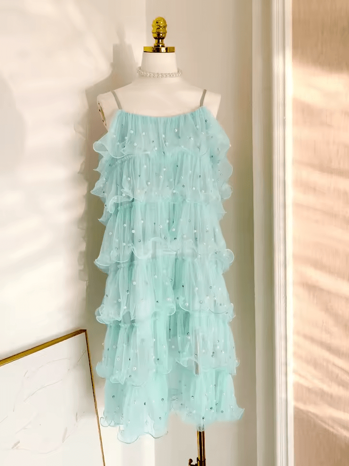 NTMY Mini Dress Bouvardia Diamond Embellished Mesh Tulle Prom Dress in Mint