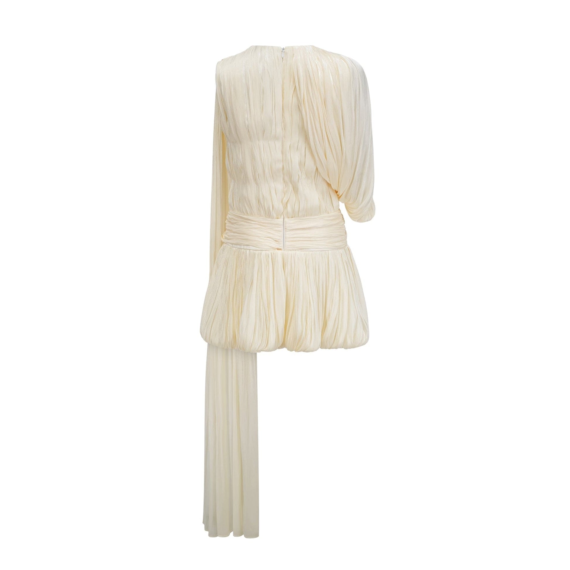NTMY Mini Dress Camellia Asymmetric Pleatad Mini Dress with Scarf in Ivory