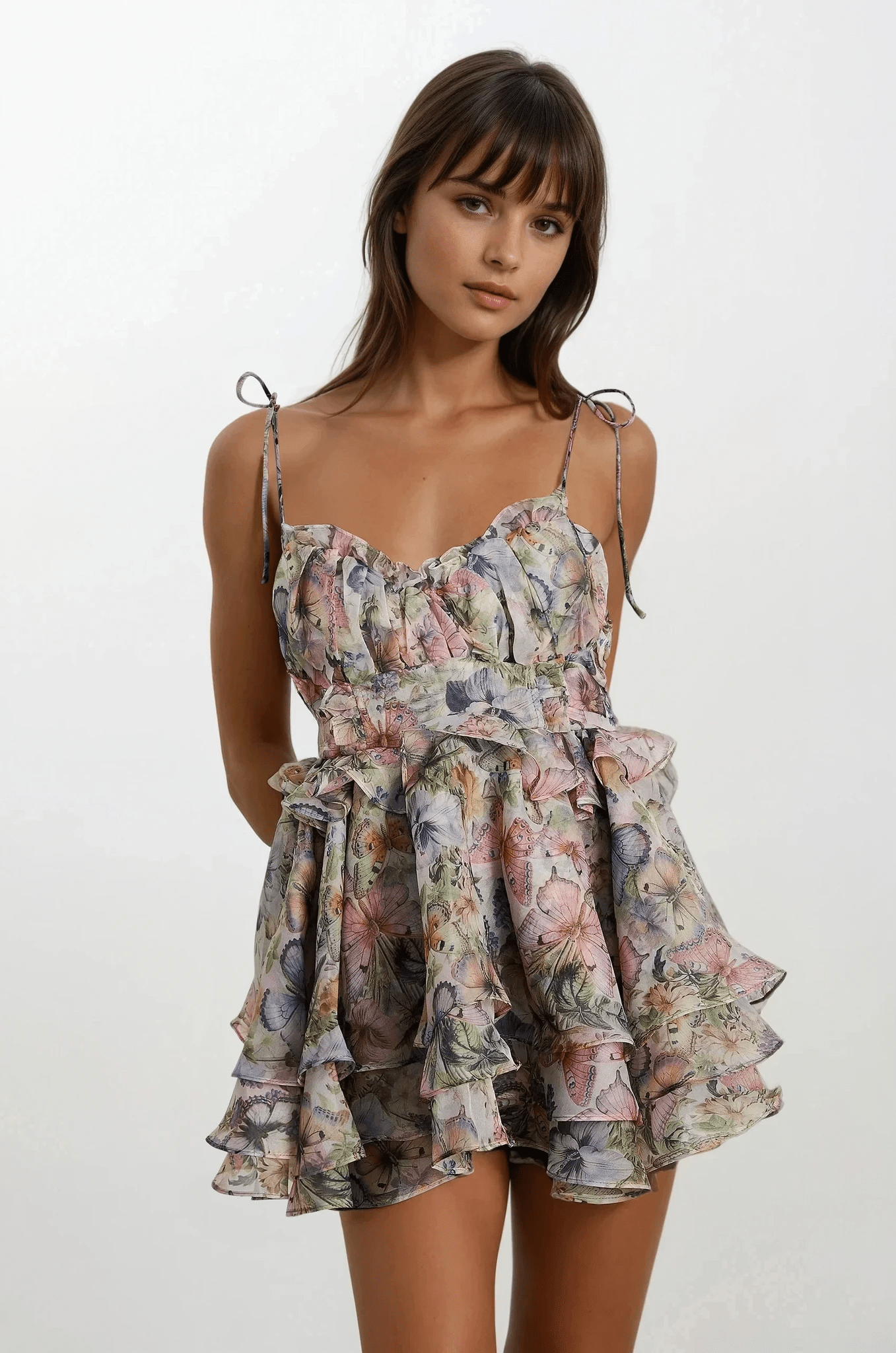 NTMY Mini Dress Daphne Floral Print Pleated Ruffle Lace up Mini Dress in Pink