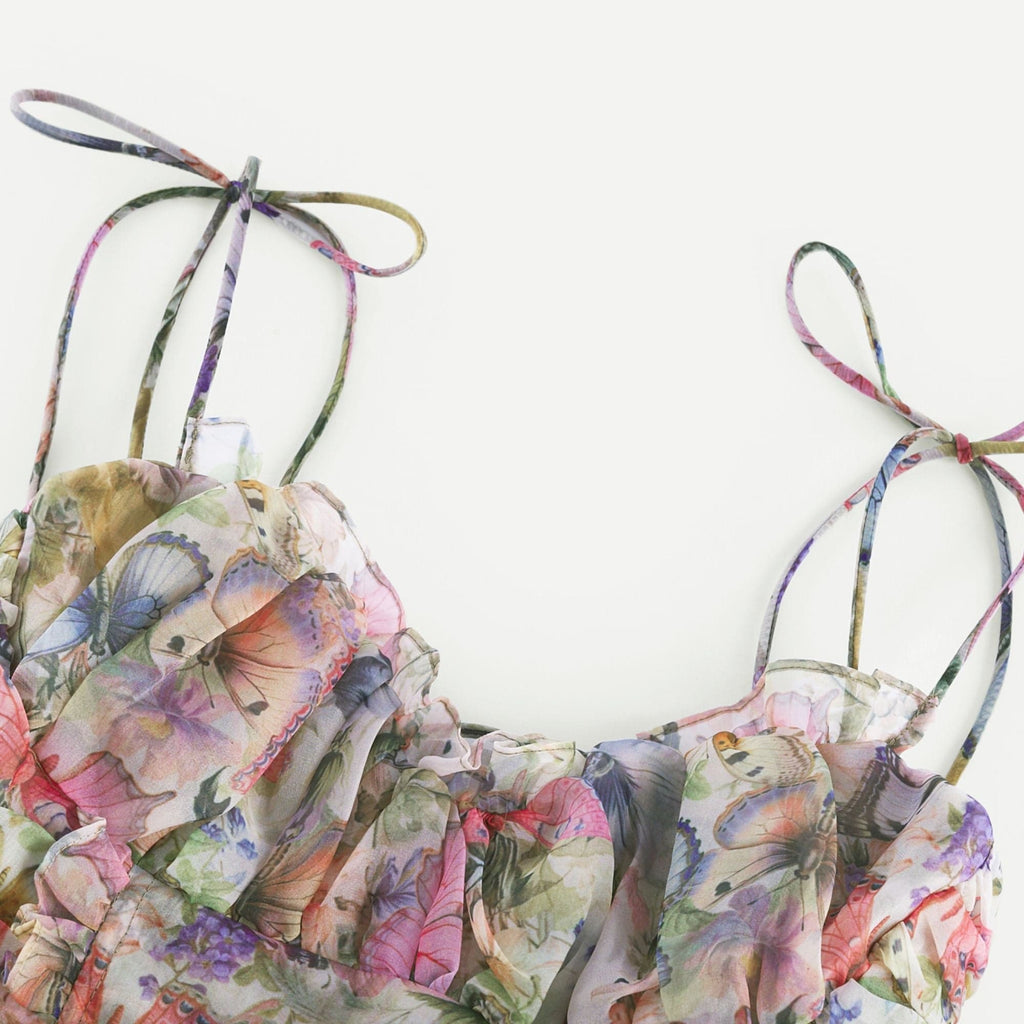 NTMY Mini Dress Daphne Floral Print Pleated Ruffle Lace up Mini Dress in Pink