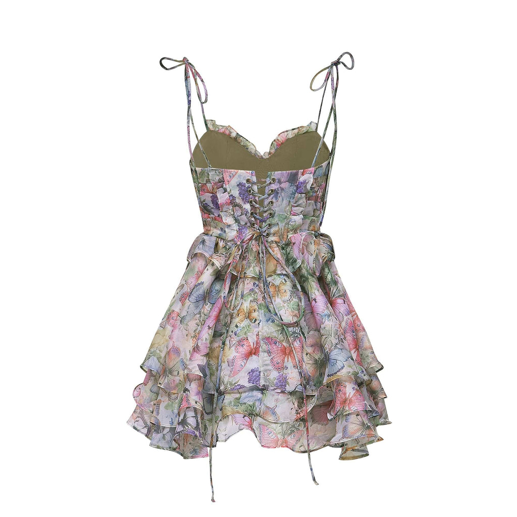 NTMY Mini Dress Daphne Floral Print Pleated Ruffle Lace up Mini Dress in Pink