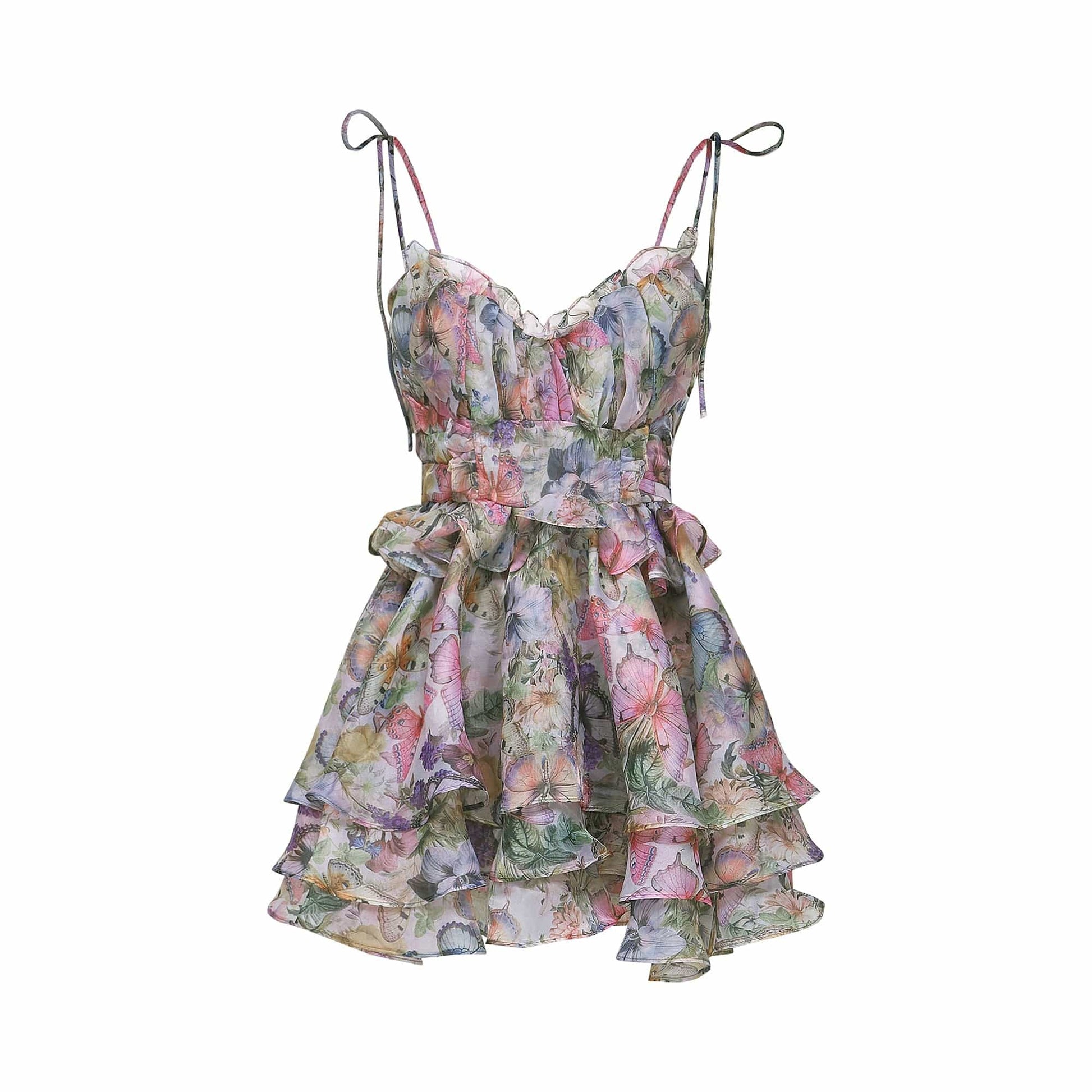 NTMY Mini Dress Daphne Floral Print Pleated Ruffle Lace up Mini Dress in Pink