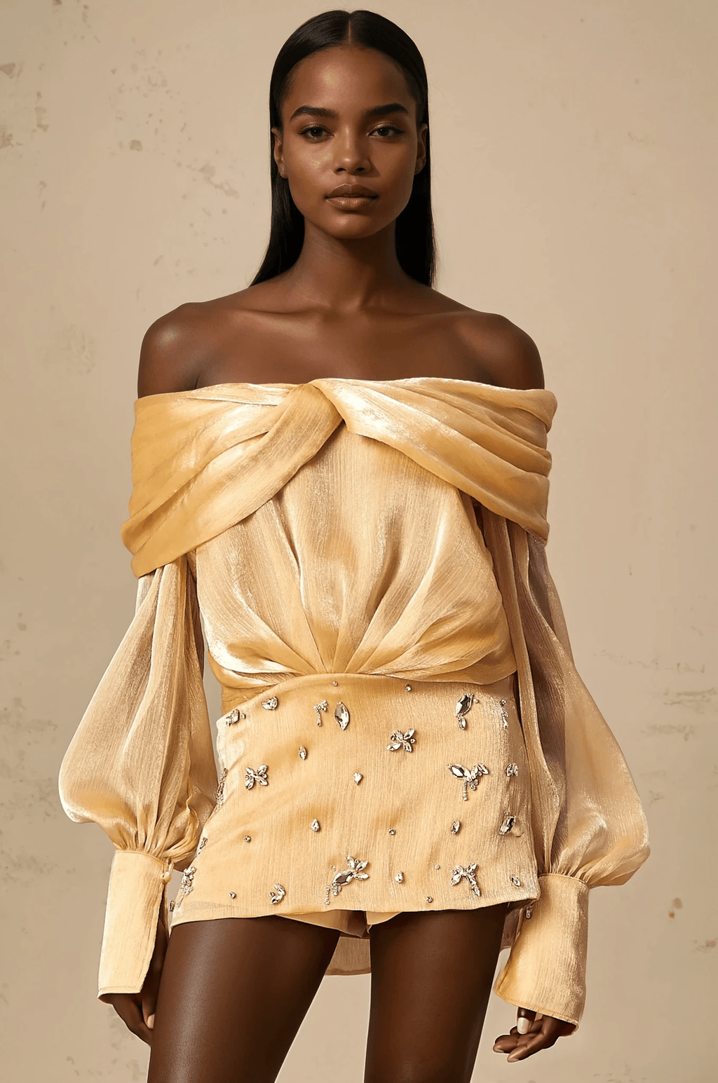 NTMY Mini Dress Felicia Diamond Embellished Off Shoulder Bardot Mini Dress in Gold