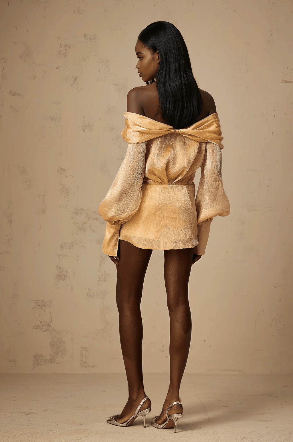 NTMY Mini Dress Felicia Diamond Embellished Off Shoulder Bardot Mini Dress in Gold