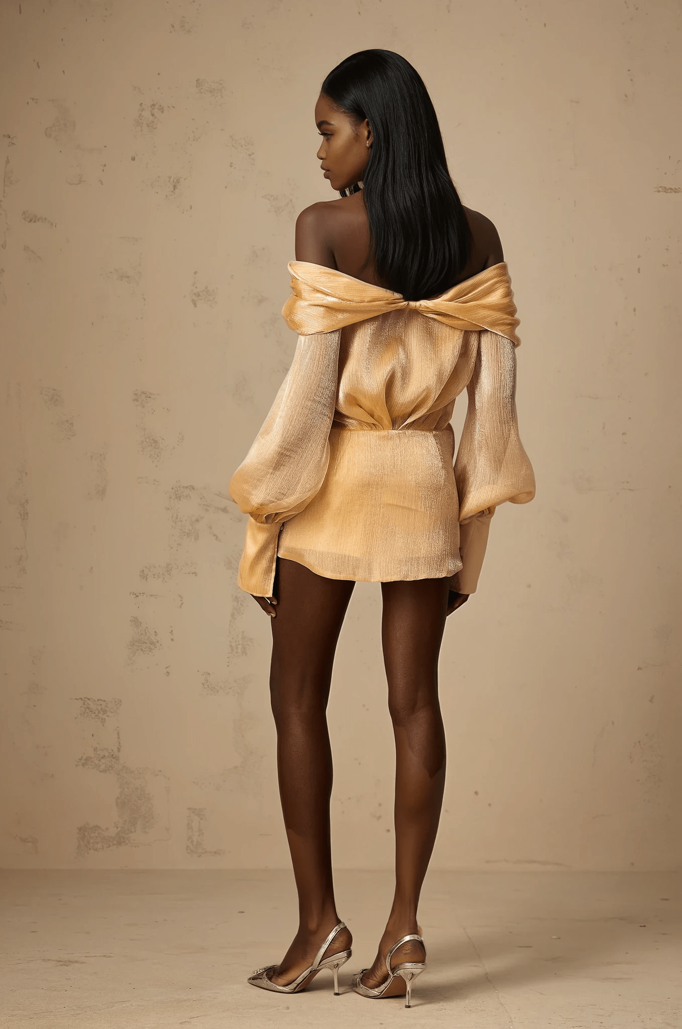 NTMY Mini Dress Felicia Diamond Embellished Off Shoulder Bardot Mini Dress in Gold