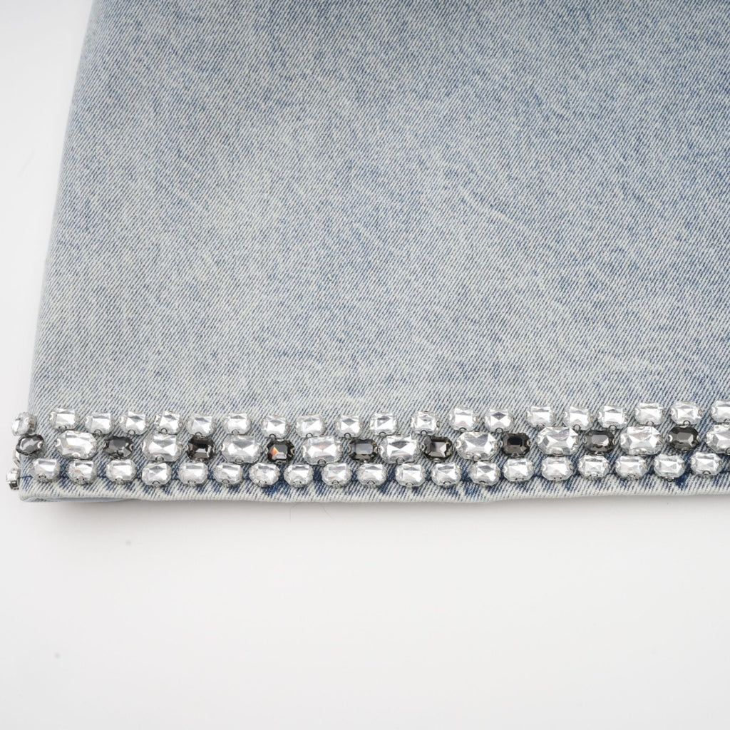NTMY Mini Dress Heather Diamond Embellished Deep V-Neck Sleeveless Mini Denim Dress in Blue