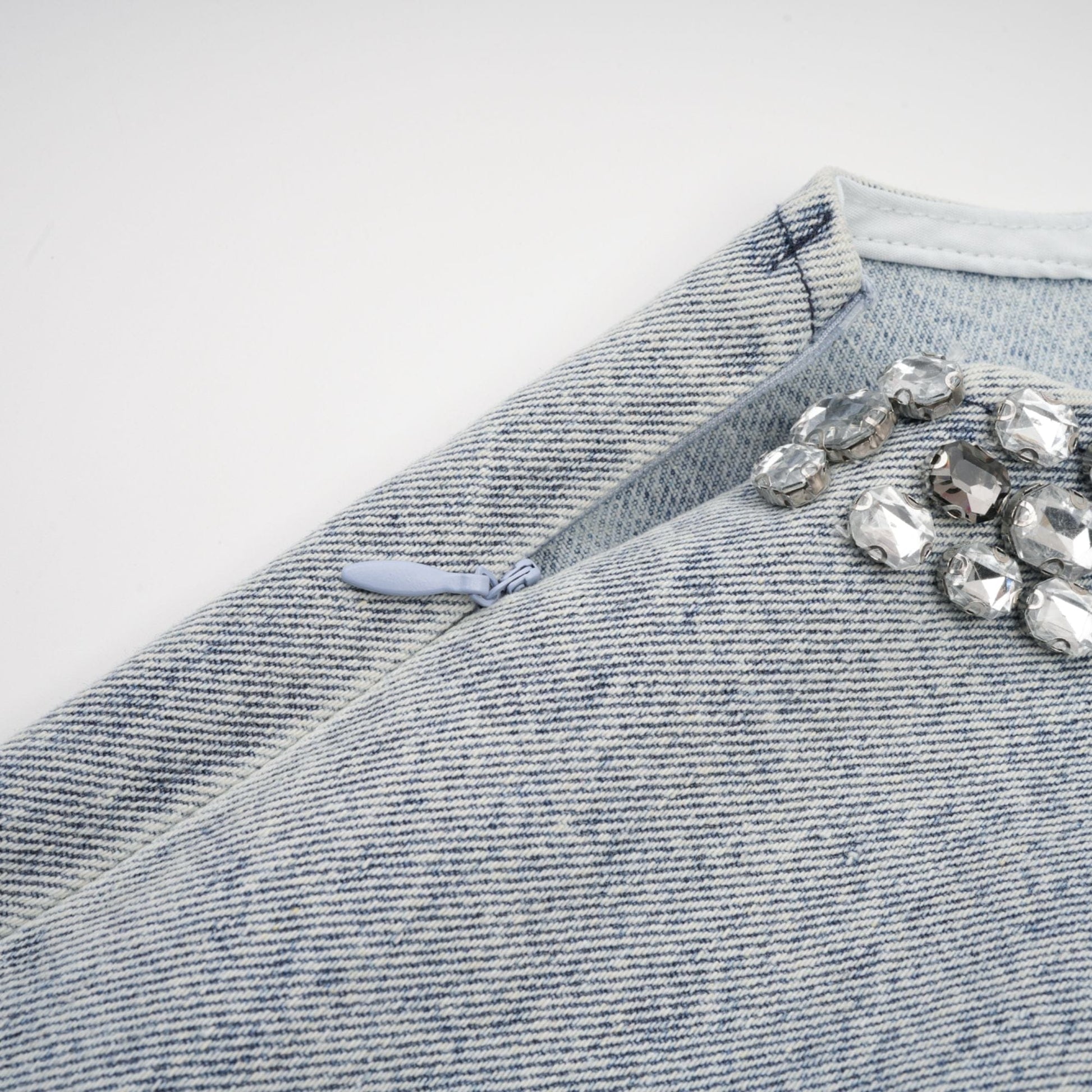 NTMY Mini Dress Heather Diamond Embellished Deep V-Neck Sleeveless Mini Denim Dress in Blue