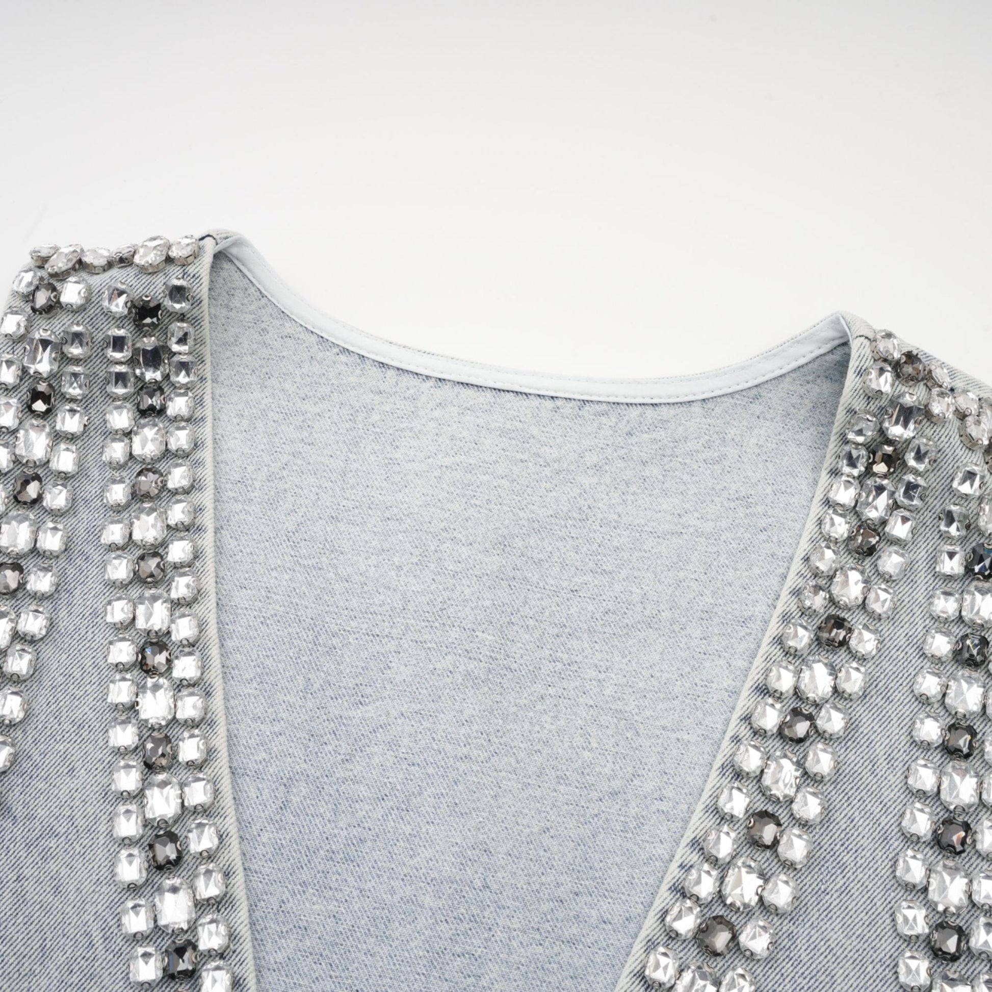 NTMY Mini Dress Heather Diamond Embellished Deep V-Neck Sleeveless Mini Denim Dress in Blue