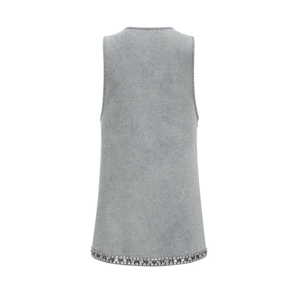 NTMY Mini Dress Heather Diamond Embellished Deep V-Neck Sleeveless Mini Denim Dress in Blue