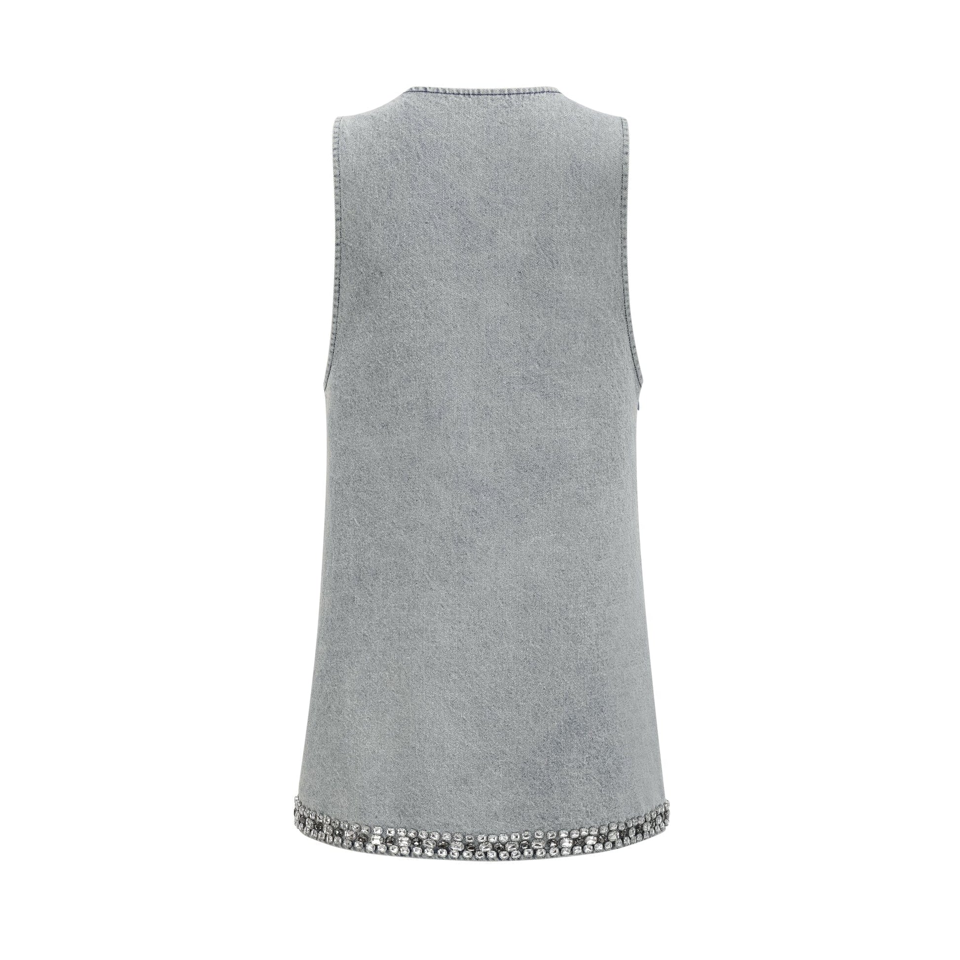 NTMY Mini Dress Heather Diamond Embellished Deep V-Neck Sleeveless Mini Denim Dress in Blue