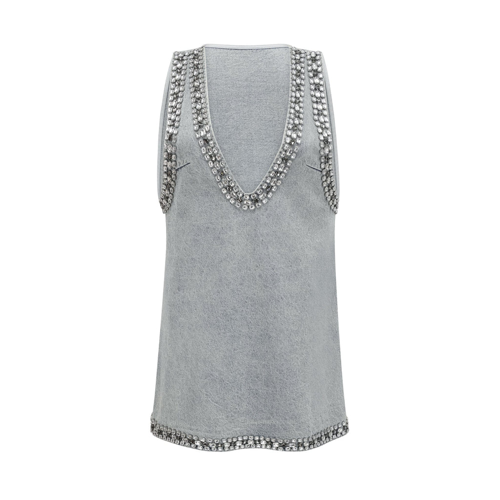 NTMY Mini Dress Heather Diamond Embellished Deep V-Neck Sleeveless Mini Denim Dress in Blue