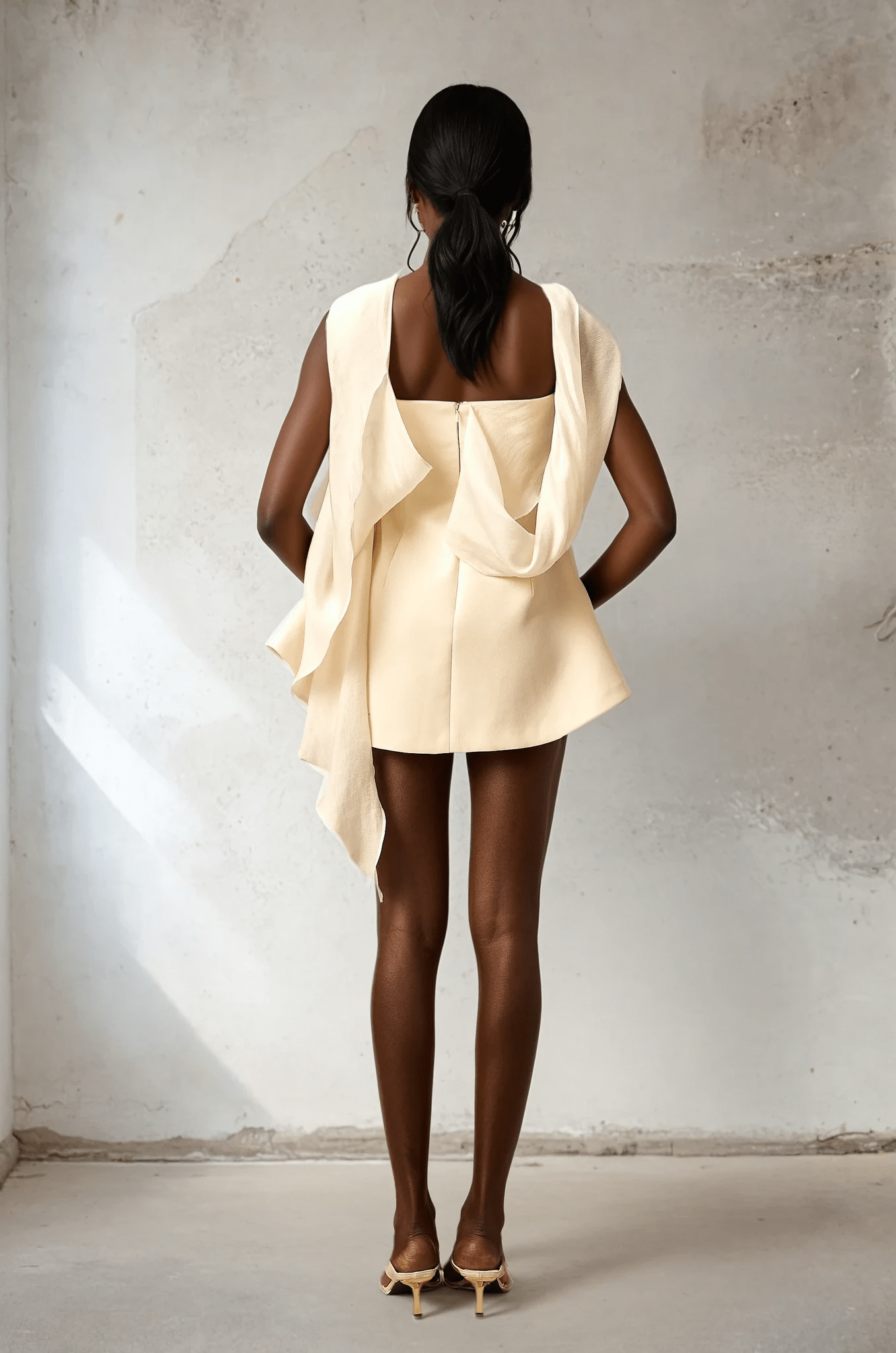 NTMY Mini Dress Helenium A-line Flared Mini Dress with Scarf in Ecru
