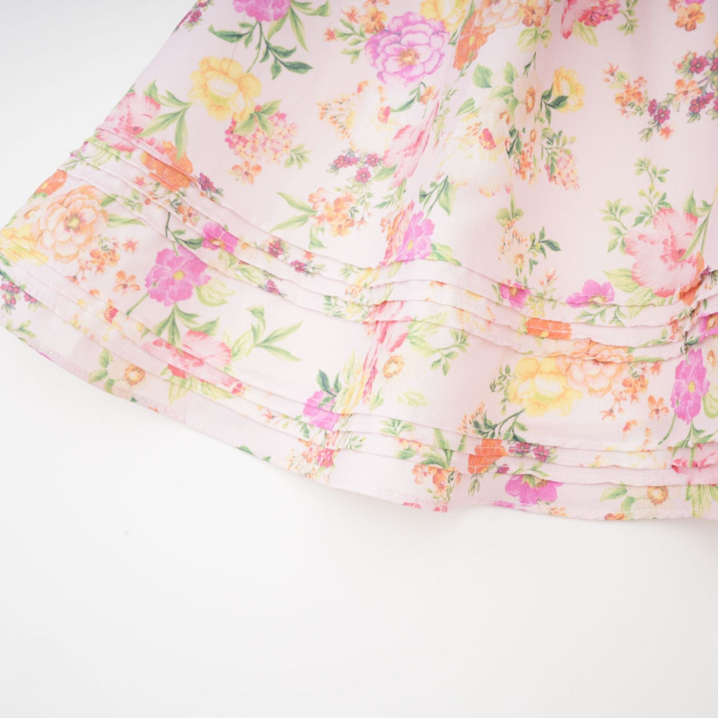 NTMY Mini Dress Hibiscus Vintage Floral Print Pleated Bust Mini Dress in Pink