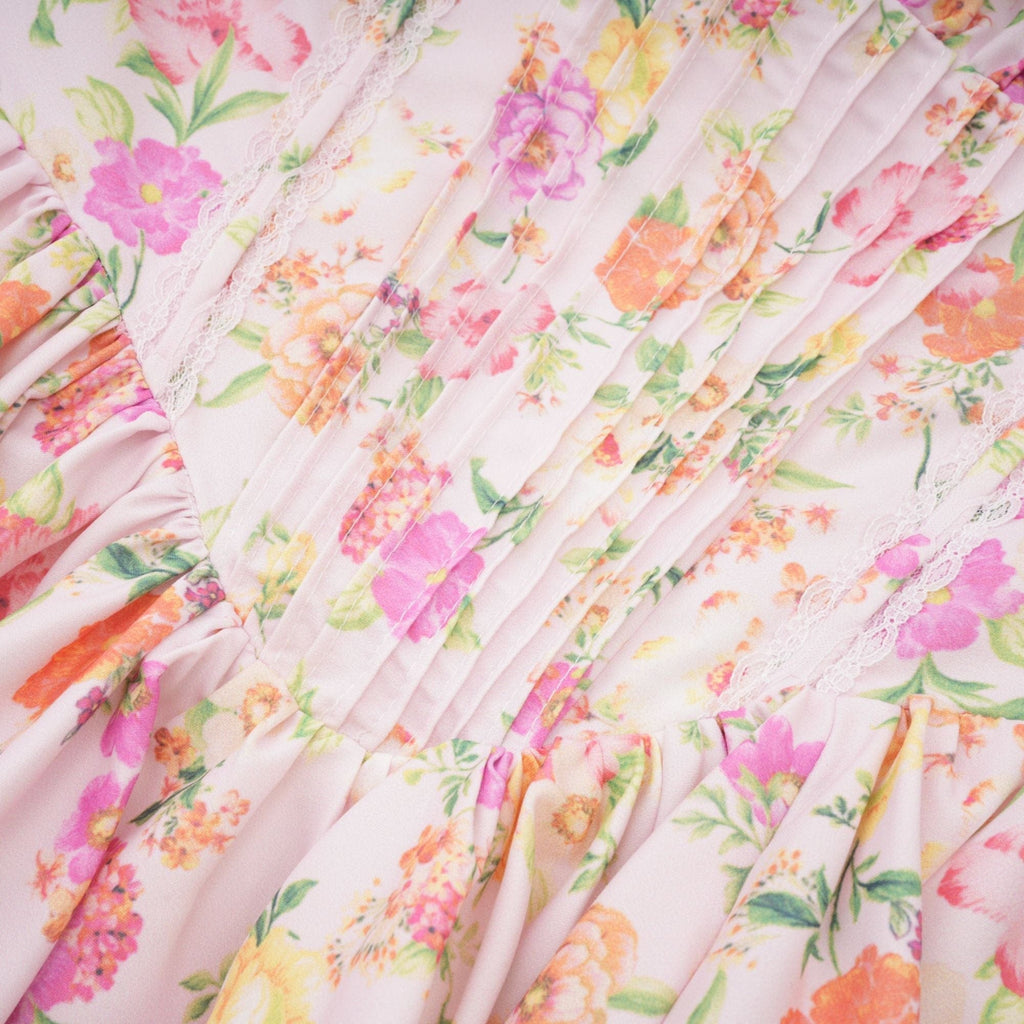 NTMY Mini Dress Hibiscus Vintage Floral Print Pleated Bust Mini Dress in Pink