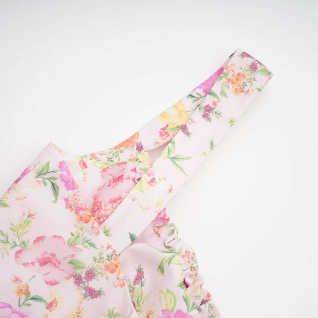 NTMY Mini Dress Hibiscus Vintage Floral Print Pleated Bust Mini Dress in Pink