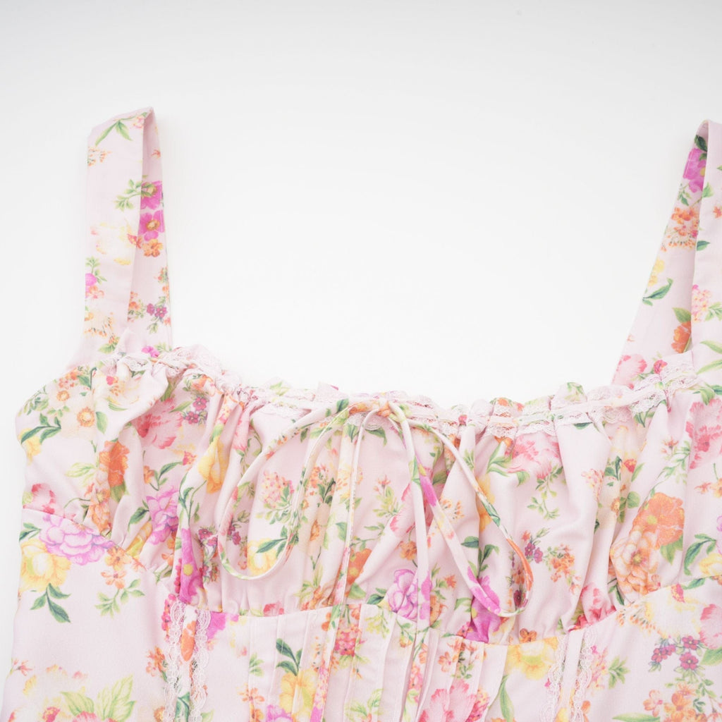 NTMY Mini Dress Hibiscus Vintage Floral Print Pleated Bust Mini Dress in Pink
