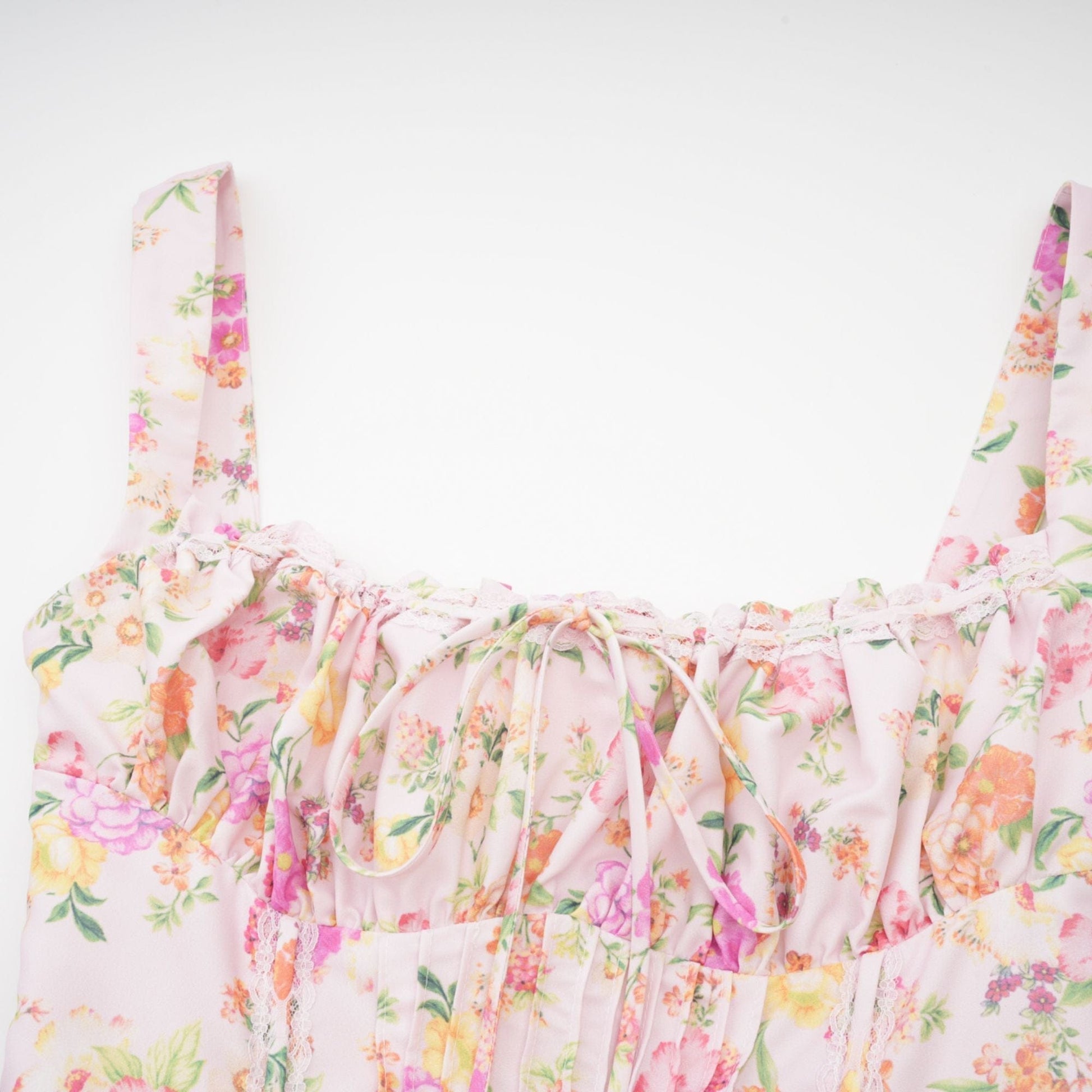 NTMY Mini Dress Hibiscus Vintage Floral Print Pleated Bust Mini Dress in Pink