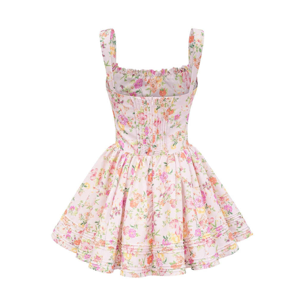 NTMY Mini Dress Hibiscus Vintage Floral Print Pleated Bust Mini Dress in Pink