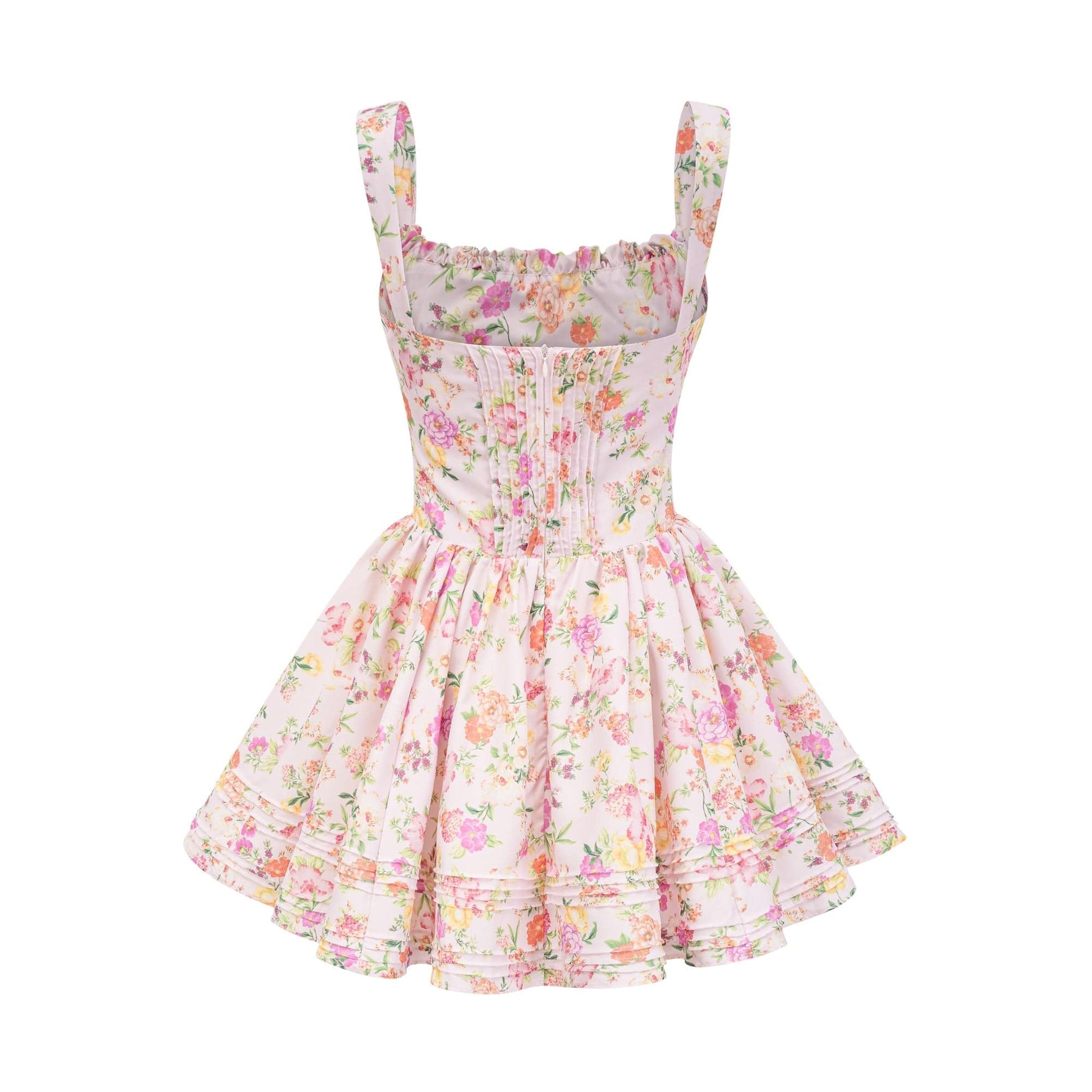 NTMY Mini Dress Hibiscus Vintage Floral Print Pleated Bust Mini Dress in Pink