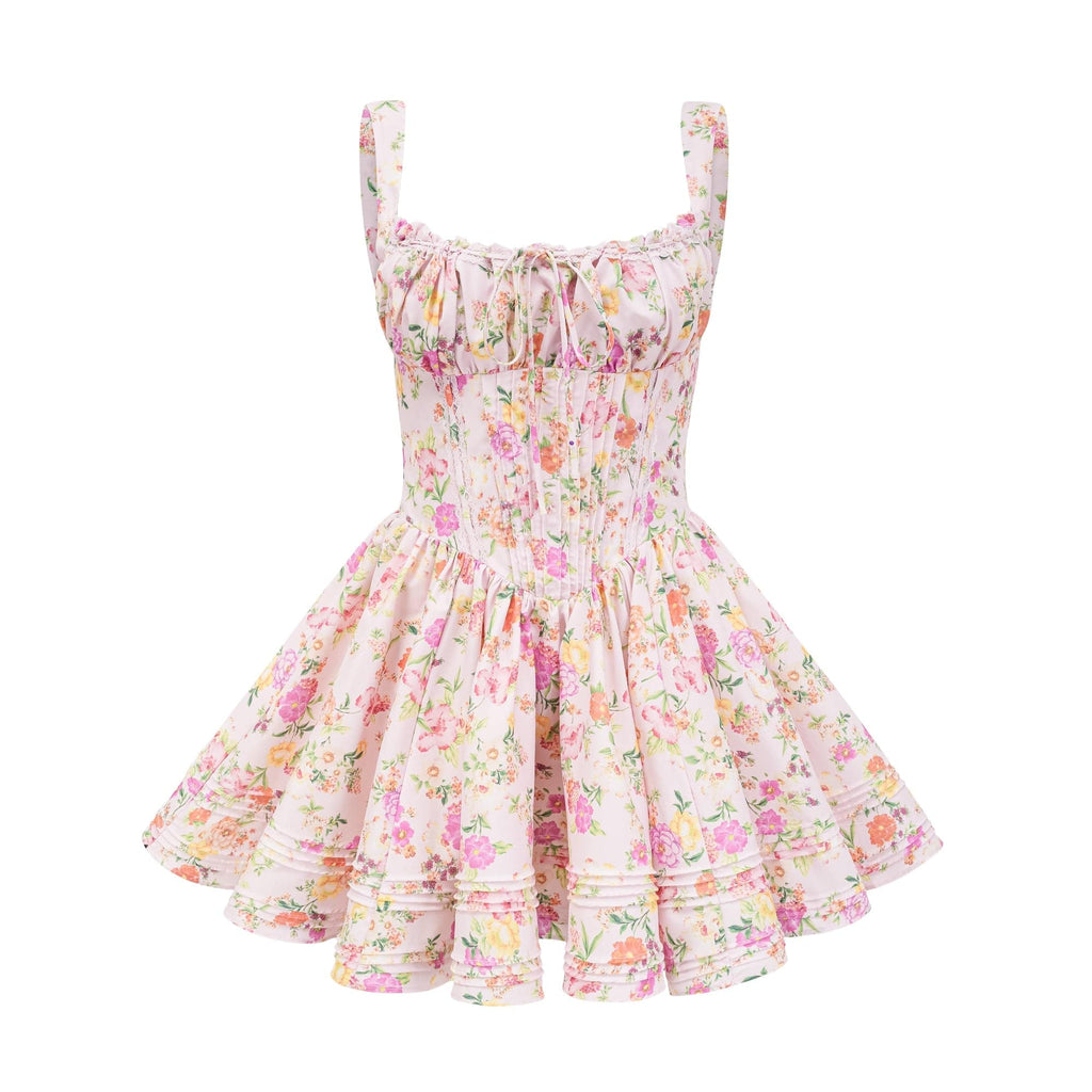 NTMY Mini Dress Hibiscus Vintage Floral Print Pleated Bust Mini Dress in Pink