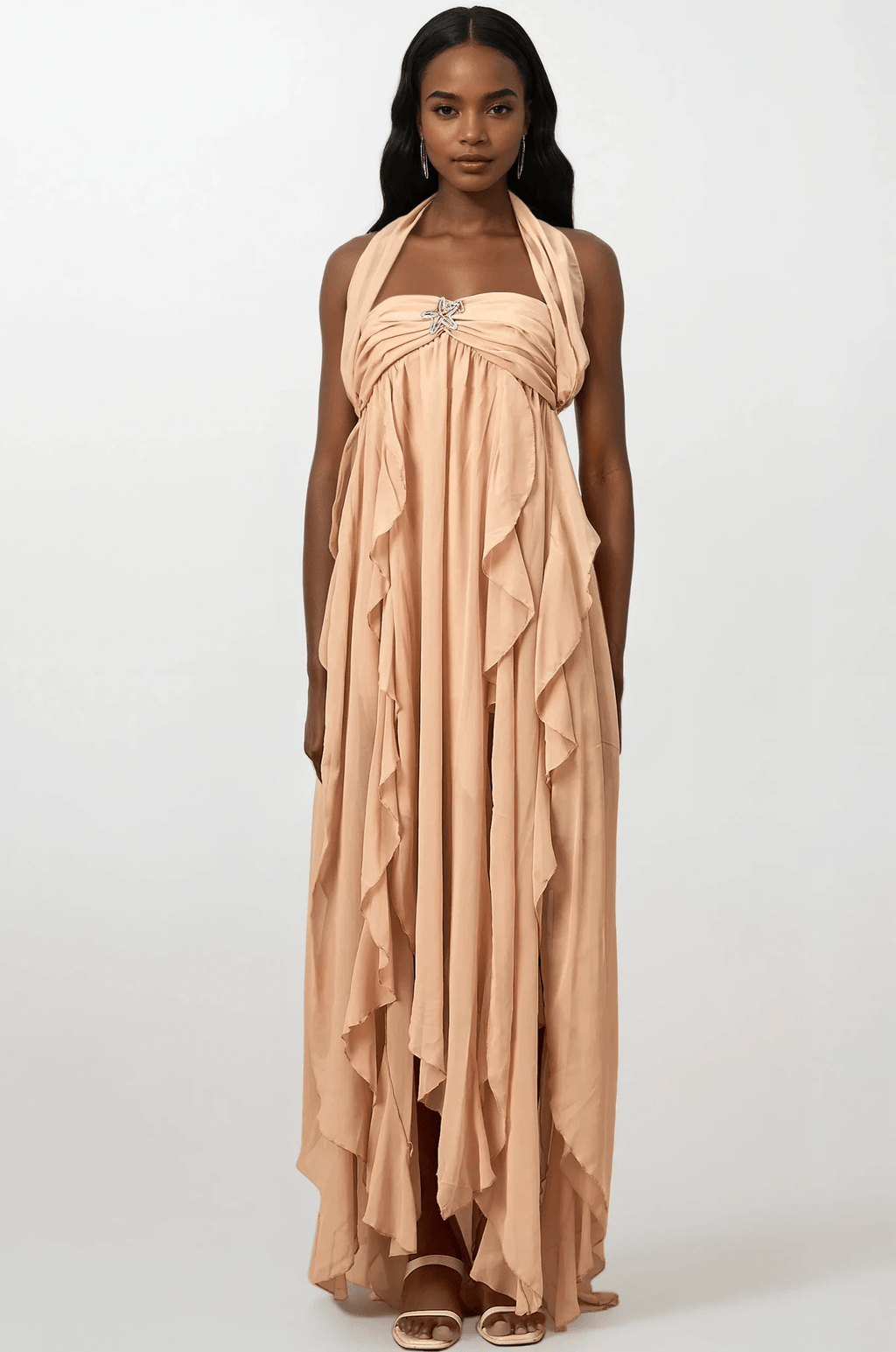 NTMY Peach / S Iberis Chiffon Ruffle Flowy Maxi Dress with Scarf in Peach