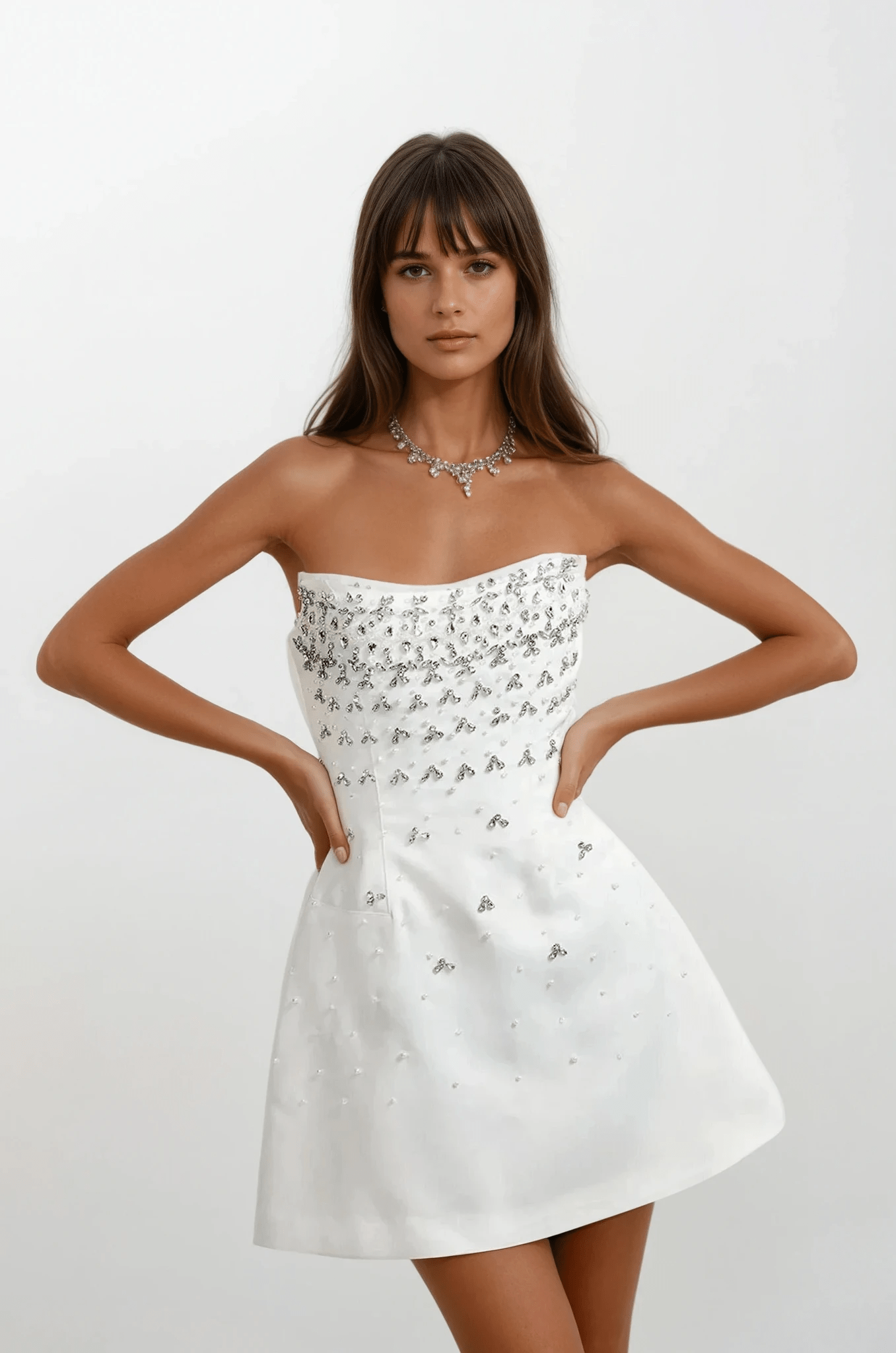 NTMY White / S Bellflower Diamond Embellished Strapless Mini Dress in Black