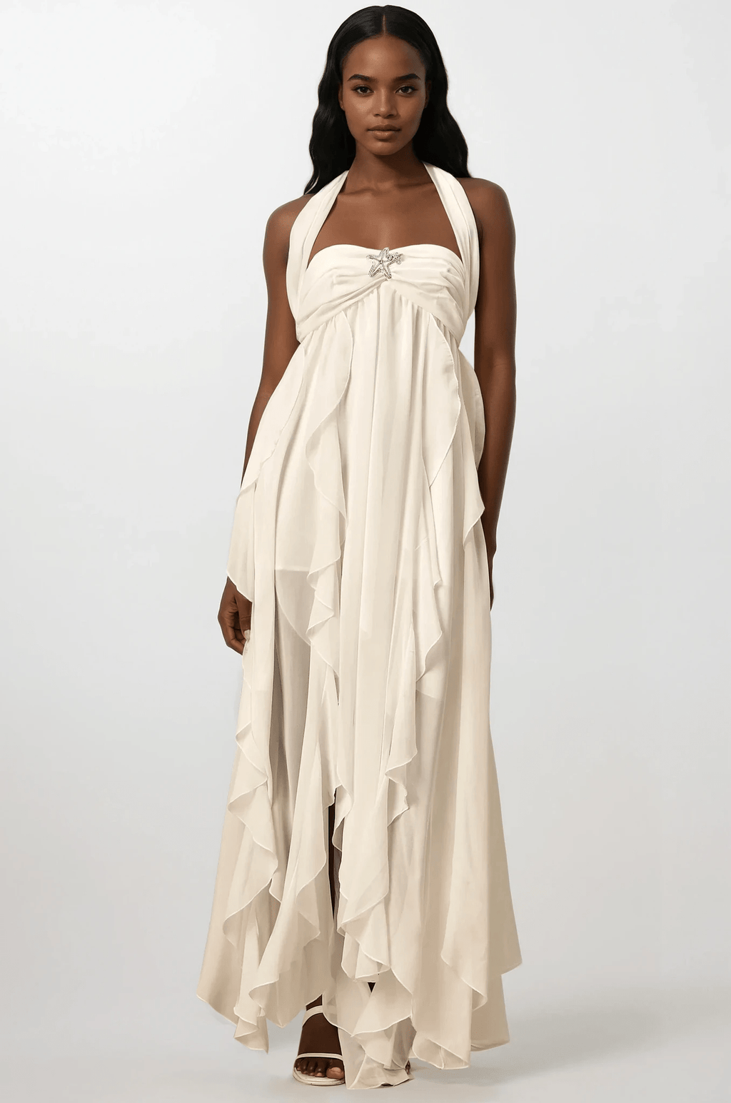 NTMY White / S Iberis Chiffon Ruffle Flowy Maxi Dress with Scarf in White