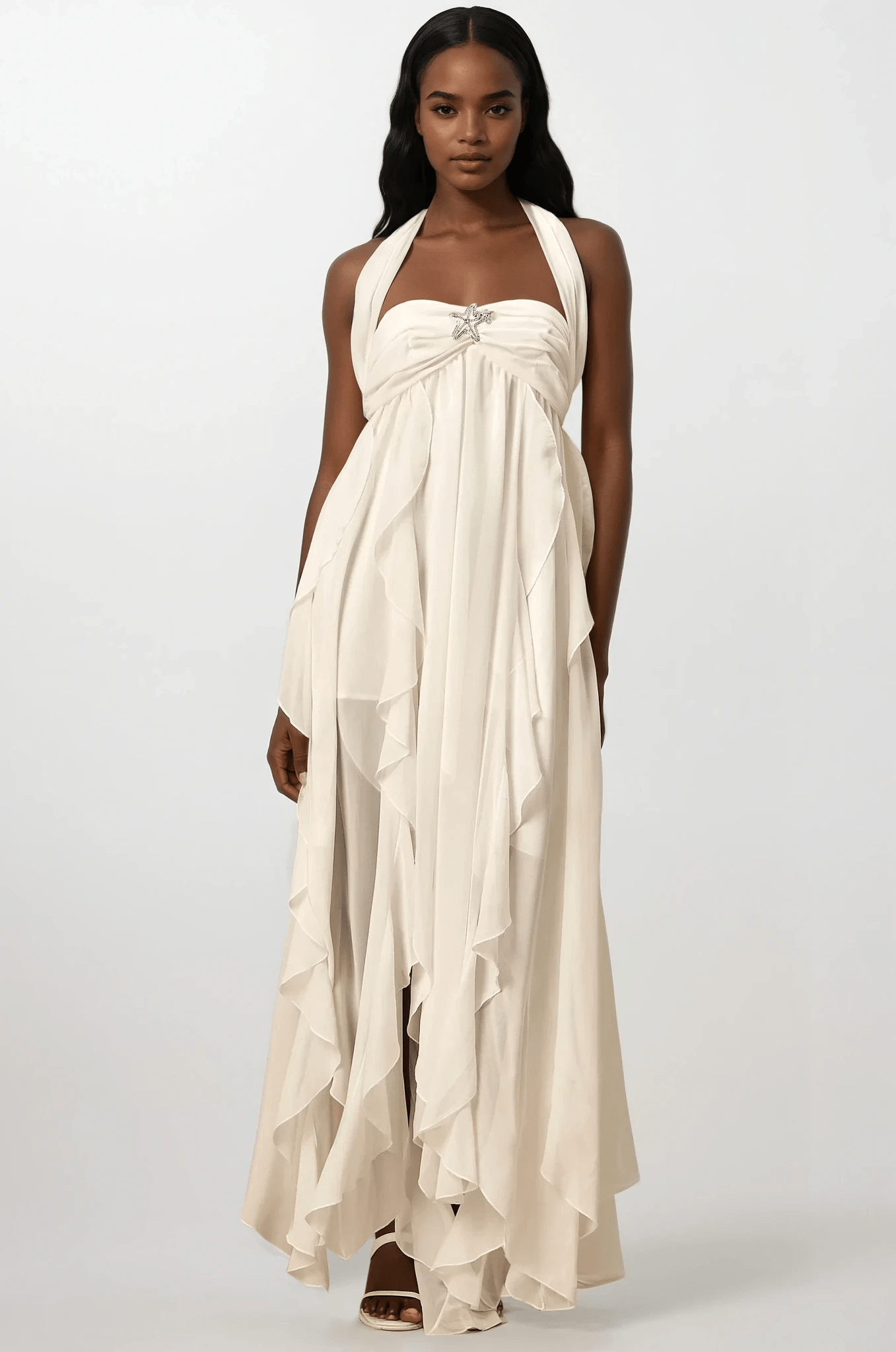NTMY White / S Iberis Chiffon Ruffle Flowy Maxi Dress with Scarf in White