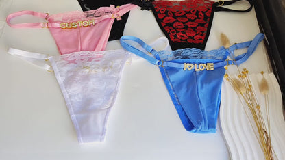 Custom Name Rhinestone Jewelry Sheer Thong with Lips