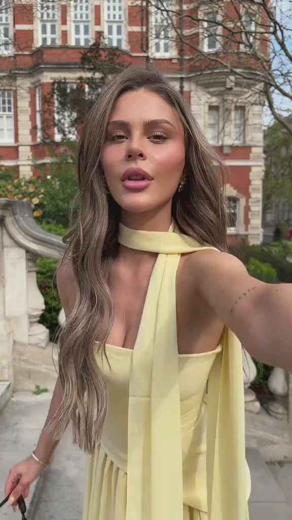 Banksia Strapless Side Slit Maxi Dress with Scarf in Butter Yellow