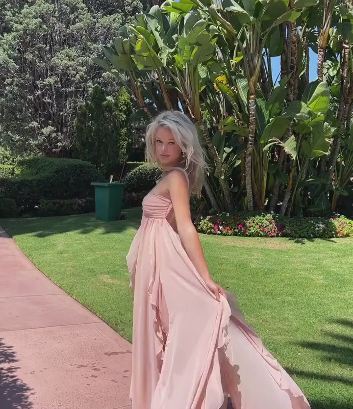 Iberis Chiffon Ruffle Flowy Maxi Dress with Scarf in Pink