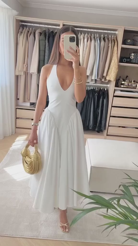 Audrey Halter Neck Drop Waist Pannier Dress in White